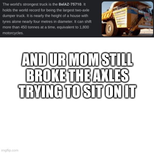 ur mom | AND UR MOM STILL BROKE THE AXLES TRYING TO SIT ON IT | image tagged in blank white template,fat,not phat,doggos r phat | made w/ Imgflip meme maker