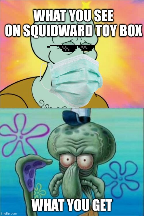 just why | WHAT YOU SEE ON SQUIDWARD TOY BOX; WHAT YOU GET | image tagged in memes,squidward | made w/ Imgflip meme maker