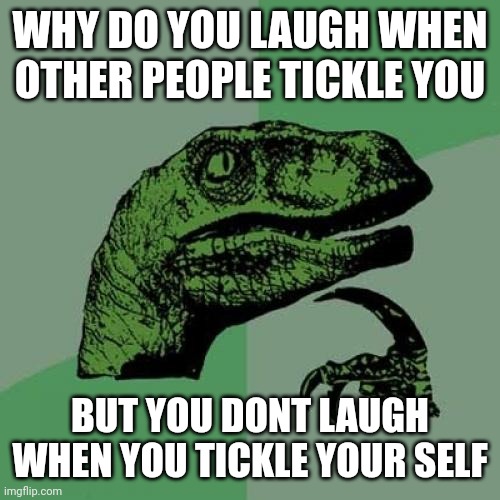 Haha deep thpughts go brrrrrr | WHY DO YOU LAUGH WHEN OTHER PEOPLE TICKLE YOU; BUT YOU DONT LAUGH WHEN YOU TICKLE YOUR SELF | image tagged in memes,philosoraptor | made w/ Imgflip meme maker
