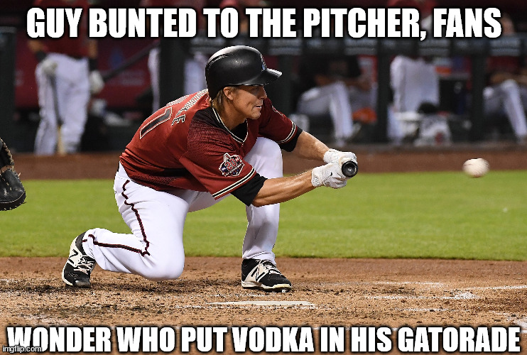 GUY BUNTED TO THE PITCHER, FANS WONDER WHO PUT VODKA IN HIS GATORADE | made w/ Imgflip meme maker