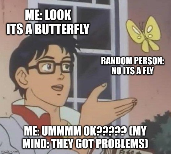 Its a butterfly, NO ITS A FLY!!! | ME: LOOK ITS A BUTTERFLY; RANDOM PERSON: NO ITS A FLY; ME: UMMMM OK????? (MY MIND: THEY GOT PROBLEMS) | image tagged in memes,is this a pigeon | made w/ Imgflip meme maker