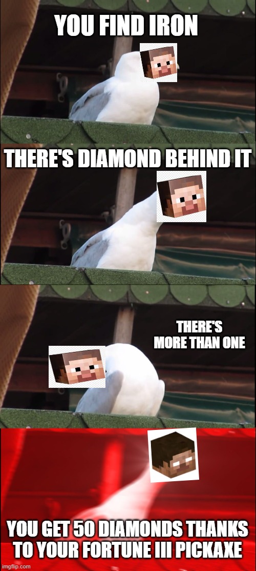 Segall | YOU FIND IRON; THERE'S DIAMOND BEHIND IT; THERE'S MORE THAN ONE; YOU GET 50 DIAMONDS THANKS TO YOUR FORTUNE III PICKAXE | image tagged in memes,inhaling seagull | made w/ Imgflip meme maker