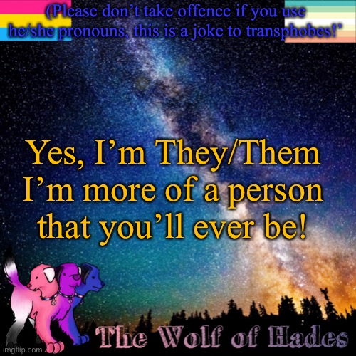 (Please don’t take offence if you use he/she pronouns, this is a joke to transphobes!’; Yes, I’m They/Them
I’m more of a person that you’ll ever be! | image tagged in thewolfofhades announcement templete | made w/ Imgflip meme maker