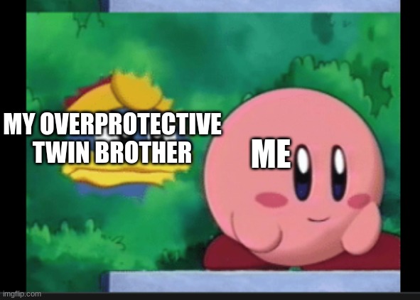 king dedede stalks kirby | MY OVERPROTECTIVE TWIN BROTHER; ME | image tagged in king dedede stalks kirby | made w/ Imgflip meme maker