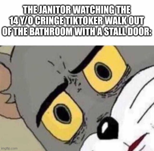 Tom Cat Unsettled Close up | THE JANITOR WATCHING THE 14 Y/O CRINGE TIKTOKER WALK OUT OF THE BATHROOM WITH A STALL DOOR: | image tagged in tom cat unsettled close up | made w/ Imgflip meme maker