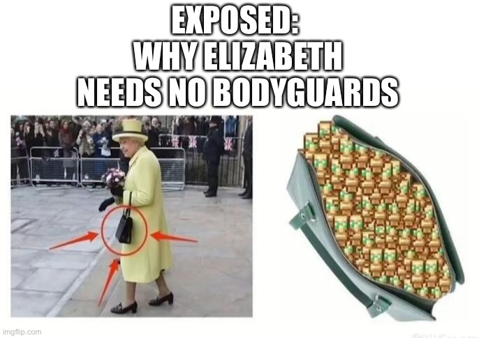 EXPOSED: 
WHY ELIZABETH NEEDS NO BODYGUARDS | image tagged in queen elizabeth,memes,minecraft | made w/ Imgflip meme maker