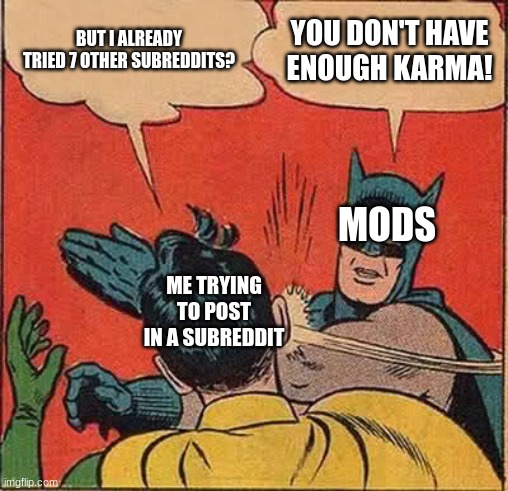 The problem with every subreddit. | BUT I ALREADY TRIED 7 OTHER SUBREDDITS? YOU DON'T HAVE ENOUGH KARMA! MODS; ME TRYING TO POST IN A SUBREDDIT | image tagged in memes,batman slapping robin | made w/ Imgflip meme maker