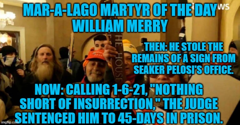 His Niece and a friend also got prison sentences. | MAR-A-LAGO MARTYR OF THE DAY
WILLIAM MERRY; THEN: HE STOLE THE REMAINS OF A SIGN FROM SEAKER PELOSI'S OFFICE. NOW: CALLING 1-6-21, "NOTHING SHORT OF INSURRECTION," THE JUDGE SENTENCED HIM TO 45-DAYS IN PRISON. | image tagged in politics | made w/ Imgflip meme maker