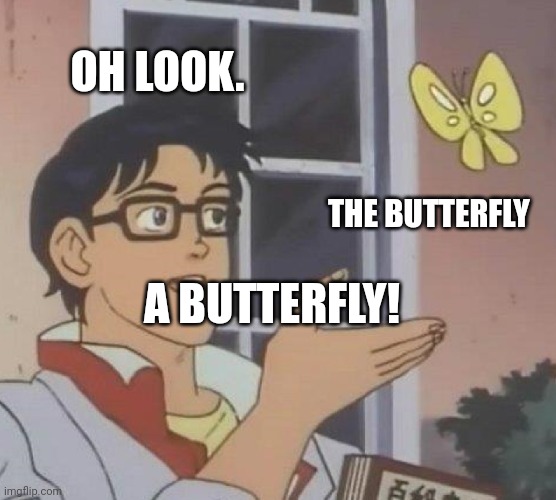 Butterfly! | OH LOOK. THE BUTTERFLY; A BUTTERFLY! | image tagged in memes,butterfly,dumb | made w/ Imgflip meme maker
