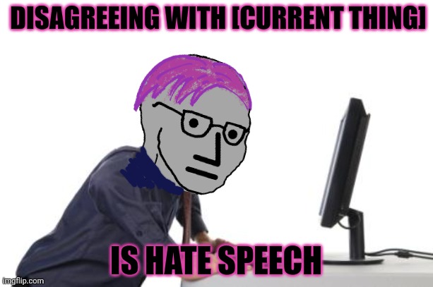 I support [current thing] | DISAGREEING WITH [CURRENT THING]; IS HATE SPEECH | image tagged in man yelling at computer,dont,question,the narrative,support,current thing | made w/ Imgflip meme maker
