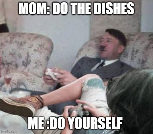 please do the dishes when your mom said or else you will end in this place | MOM: DO THE DISHES; ME :DO YOURSELF | image tagged in adolf hitler | made w/ Imgflip meme maker