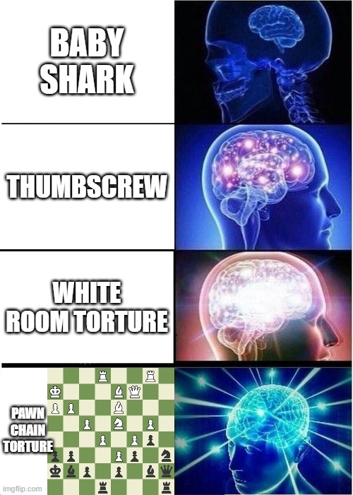 Pawn Chain Torture | BABY SHARK; THUMBSCREW; WHITE ROOM TORTURE; PAWN CHAIN TORTURE | image tagged in memes,expanding brain | made w/ Imgflip meme maker