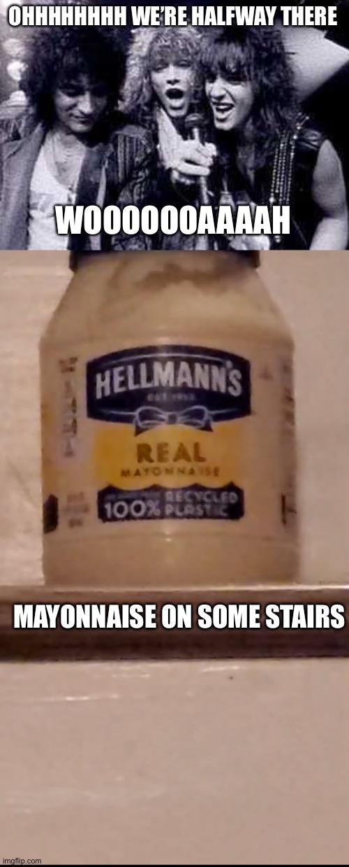 OHHHHHHHH WE’RE HALFWAY THERE; WOOOOOOAAAAH; MAYONNAISE ON SOME STAIRS | image tagged in halfway there | made w/ Imgflip meme maker