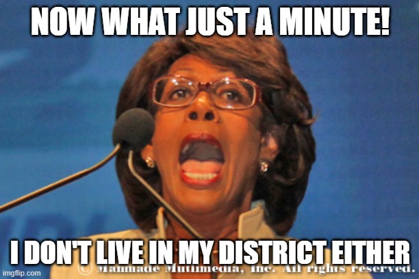 Maxine waters | NOW WHAT JUST A MINUTE! I DON'T LIVE IN MY DISTRICT EITHER | image tagged in maxine waters | made w/ Imgflip meme maker