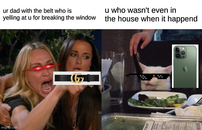 POV: window breaks | ur dad with the belt who is yelling at u for breaking the window; u who wasn't even in the house when it happend | image tagged in memes,woman yelling at cat | made w/ Imgflip meme maker