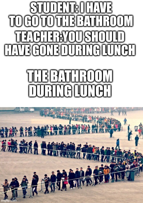 STUDENT: I HAVE TO GO TO THE BATHROOM; TEACHER:YOU SHOULD HAVE GONE DURING LUNCH; THE BATHROOM DURING LUNCH | image tagged in blank white template,long line | made w/ Imgflip meme maker
