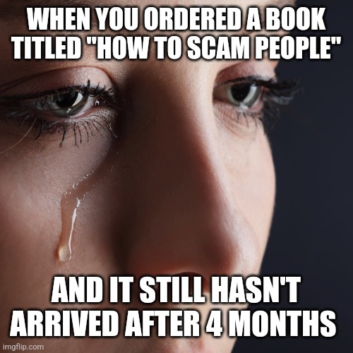 WHEN YOU ORDERED A BOOK TITLED "HOW TO SCAM PEOPLE"; AND IT STILL HASN'T ARRIVED AFTER 4 MONTHS | image tagged in funny memes | made w/ Imgflip meme maker