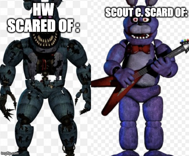 SCOUT C. SCARD OF:; HW SCARED OF : | image tagged in fnaf,funny memes,bonnie,nightmare bonnie | made w/ Imgflip meme maker