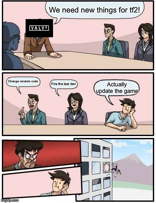 Valve talking about tf2 in a nutshell | We need new things for tf2! Change random code; Fire the last dev; Actually update the game | image tagged in memes,boardroom meeting suggestion | made w/ Imgflip meme maker