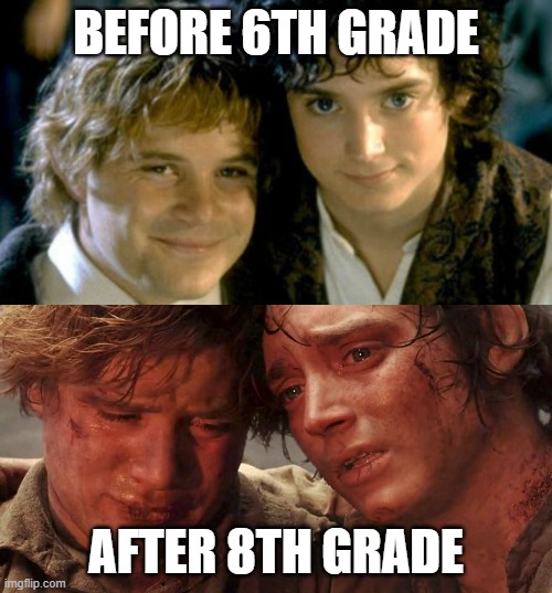 Sam and Frodo Before and After Mt Doom | BEFORE 6TH GRADE; AFTER 8TH GRADE | image tagged in sam and frodo before and after mt doom | made w/ Imgflip meme maker