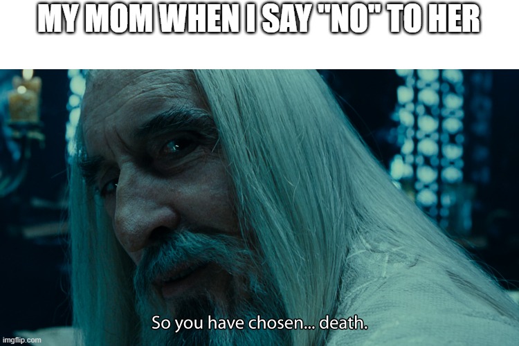 choose death | MY MOM WHEN I SAY "NO" TO HER | image tagged in choose death | made w/ Imgflip meme maker