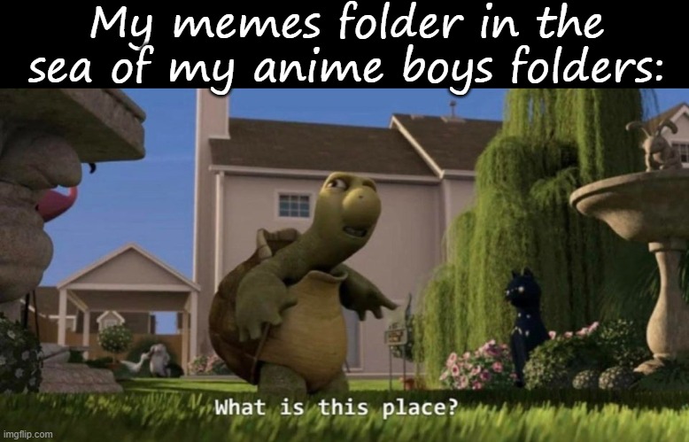 My memes folder in the sea of my anime boys folders: | image tagged in blank black,what is this place | made w/ Imgflip meme maker