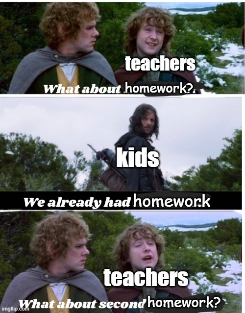 Pippin Second Breakfast | teachers; homework? kids; homework; teachers; homework? | image tagged in pippin second breakfast | made w/ Imgflip meme maker