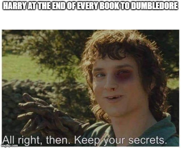 All right then keep your secrets thrashed | HARRY AT THE END OF EVERY BOOK TO DUMBLEDORE | image tagged in all right then keep your secrets thrashed | made w/ Imgflip meme maker