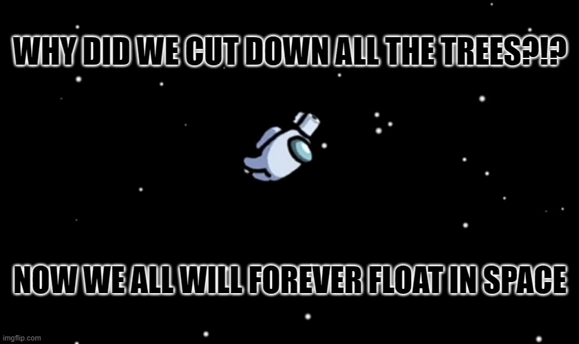 Among Us ejected | WHY DID WE CUT DOWN ALL THE TREES?!? NOW WE ALL WILL FOREVER FLOAT IN SPACE | image tagged in among us ejected | made w/ Imgflip meme maker