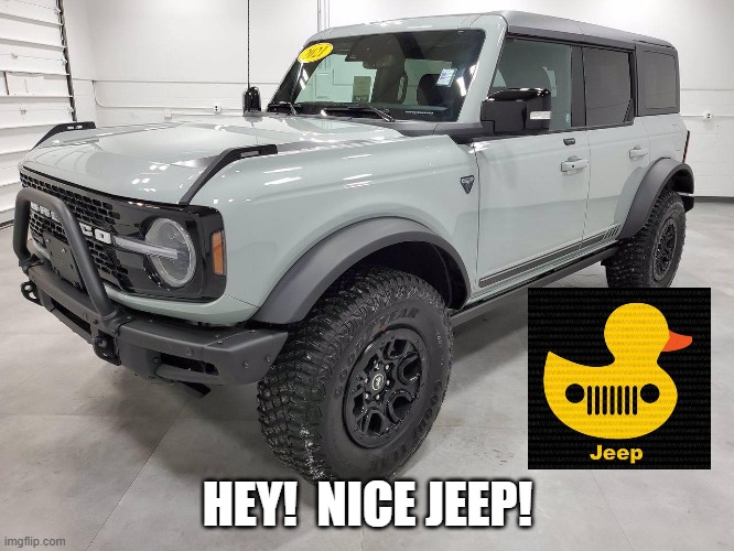Nice..... JEEP! | HEY!  NICE JEEP! | image tagged in jeep,broncos,ford,duck | made w/ Imgflip meme maker