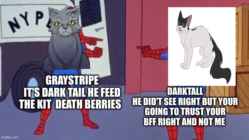 Graystripe and Darktall | GRAYSTRIPE
IT'S DARK TAIL HE FEED THE KIT  DEATH BERRIES; DARKTALL
HE DID'T SEE RIGHT BUT YOUR GOING TO TRUST YOUR BFF RIGHT AND NOT ME | image tagged in spiderman pointing at spiderman,warriors,warrior cats,cat,cats | made w/ Imgflip meme maker