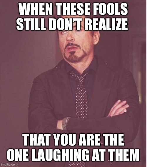 Face You Make Robert Downey Jr |  WHEN THESE FOOLS STILL DON’T REALIZE; THAT YOU ARE THE ONE LAUGHING AT THEM | image tagged in memes,face you make robert downey jr | made w/ Imgflip meme maker
