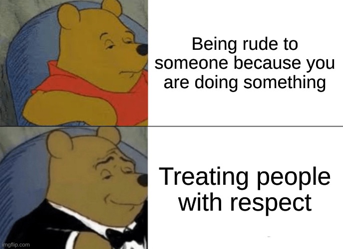 Another random meme | Being rude to someone because you are doing something; Treating people with respect | image tagged in memes,tuxedo winnie the pooh | made w/ Imgflip meme maker