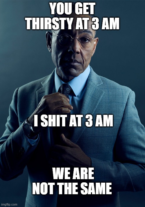 Shitting at 3 am | YOU GET THIRSTY AT 3 AM; I SHIT AT 3 AM; WE ARE NOT THE SAME | image tagged in gus fring we are not the same | made w/ Imgflip meme maker