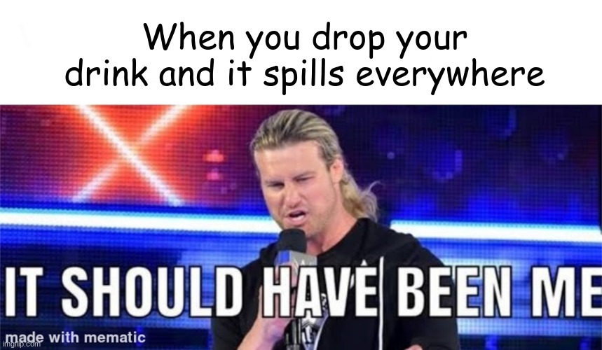 WHY NOT ME | When you drop your drink and it spills everywhere | image tagged in dolph ziggler it should have been me | made w/ Imgflip meme maker