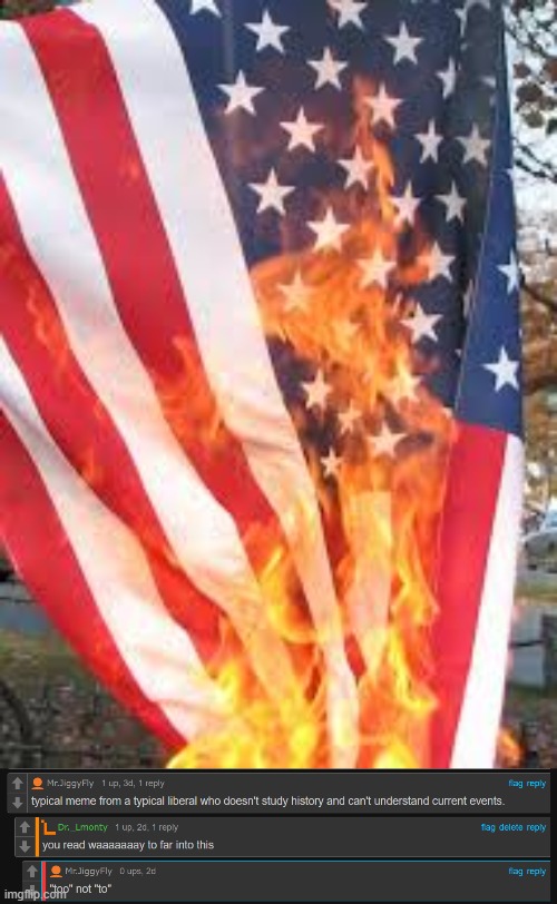 got me there | image tagged in american flag burning | made w/ Imgflip meme maker