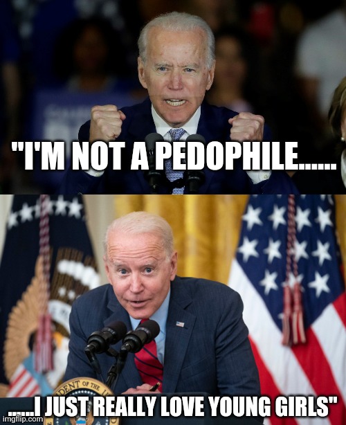 A moment of clarity | "I'M NOT A PEDOPHILE...... ......I JUST REALLY LOVE YOUNG GIRLS" | image tagged in angry joe biden,biden whisper | made w/ Imgflip meme maker