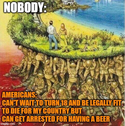Certain rights are late bloomers | NOBODY:; AMERICANS:
CAN'T WAIT TO TURN 18 AND BE LEGALLY FIT
TO DIE FOR MY COUNTRY BUT CAN GET ARRESTED FOR HAVING A BEER | image tagged in soldiers hold up society,memes,egos,drinking age,military age | made w/ Imgflip meme maker