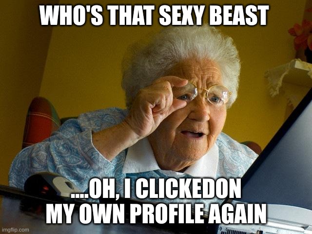 Grandma Finds The Internet | WHO'S THAT SEXY BEAST; ....OH, I CLICKEDON MY OWN PROFILE AGAIN | image tagged in memes,grandma finds the internet | made w/ Imgflip meme maker