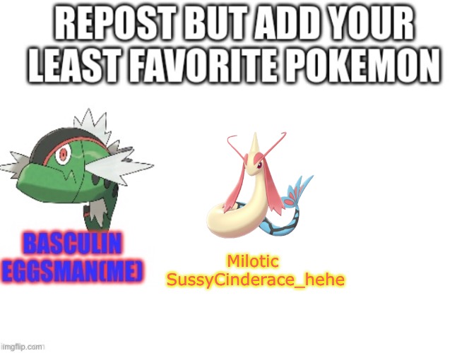 I hate Oleana’s milotic | Milotic 

SussyCinderace_hehe | image tagged in sword/shield,pokemon,repost | made w/ Imgflip meme maker