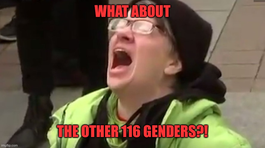 Screaming Liberal  | WHAT ABOUT THE OTHER 116 GENDERS?! | image tagged in screaming liberal | made w/ Imgflip meme maker