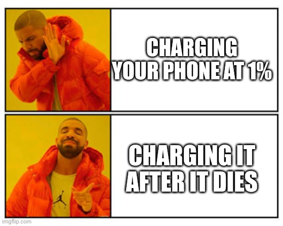 Shamallama Dingdong | CHARGING YOUR PHONE AT 1%; CHARGING IT AFTER IT DIES | image tagged in no - yes | made w/ Imgflip meme maker