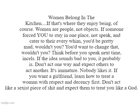 Blank White Template | Women Belong In The Kitchen....If that's where they enjoy being, of course. Women are people, not objects. If someone forced YOU to stay in one place, not speak, and cater to their every whim, you'd be pretty mad, wouldn't you? You'd want to change that, wouldn't you? Think before you speak next time, incels. If the idea sounds bad to you, it probably is. Don't act one way and expect others to act another. It's immature. Nobody likes it. If you want a girlfriend, learn how to treat a woman with respect and decency first. Don't act like a sexist piece of shit and expect them to treat you like a God. | image tagged in blank white template | made w/ Imgflip meme maker