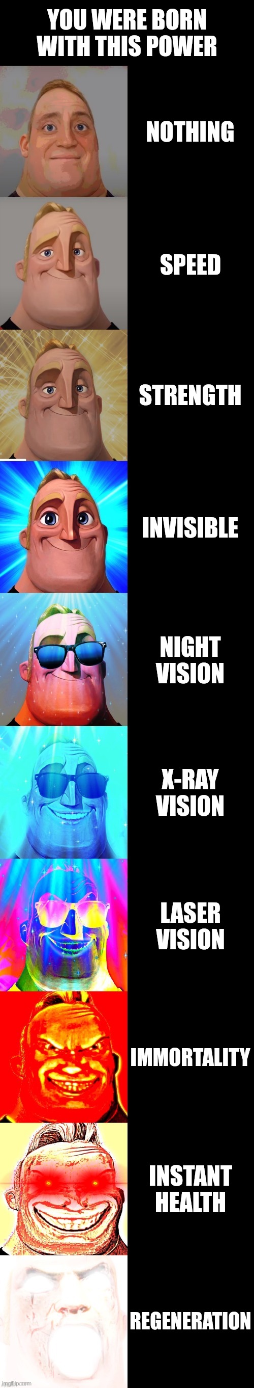 You were born with this power (Which one do you have?) | YOU WERE BORN WITH THIS POWER; NOTHING; SPEED; STRENGTH; INVISIBLE; NIGHT VISION; X-RAY VISION; LASER VISION; IMMORTALITY; INSTANT HEALTH; REGENERATION | image tagged in mr incredible becoming canny,memes,funny | made w/ Imgflip meme maker
