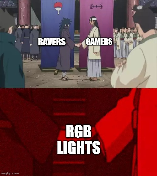 Flashy lights | GAMERS; RAVERS; RGB LIGHTS | image tagged in naruto handshake meme template,rgb,ravers,gamers | made w/ Imgflip meme maker
