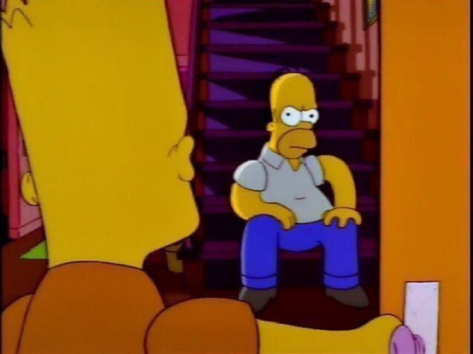 High Quality Homer sitting in stair case bart entering door Blank Meme Template