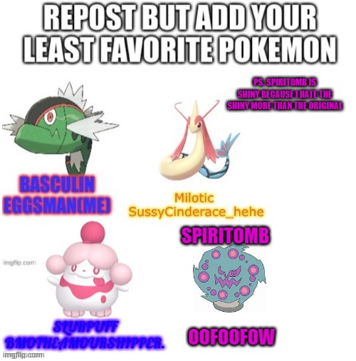 honourable mention goes to marshadow. i have faced so many on showdown and they have annoyed the s**t outta me | PS. SPIRITOMB IS SHINY BECAUSE I HATE THE SHINY MORE THAN THE ORIGINAL; SPIRITOMB; OOFOOFOW | image tagged in blank white template | made w/ Imgflip meme maker