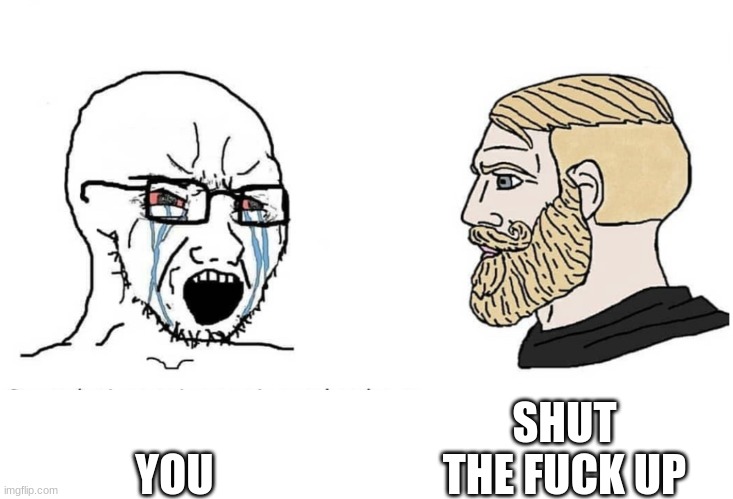 Soyboy Vs Yes Chad | YOU SHUT THE FUCK UP | image tagged in soyboy vs yes chad | made w/ Imgflip meme maker