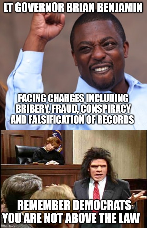 Once again libtard think they are the good guy hahaha | LT GOVERNOR BRIAN BENJAMIN; FACING CHARGES INCLUDING BRIBERY, FRAUD, CONSPIRACY AND FALSIFICATION OF RECORDS; REMEMBER DEMOCRATS YOU ARE NOT ABOVE THE LAW | image tagged in unfrozen caveman lawyer | made w/ Imgflip meme maker