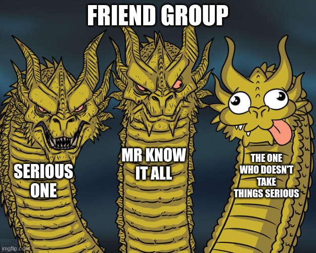 friend group | FRIEND GROUP; MR KNOW IT ALL; THE ONE WHO DOESN'T TAKE THINGS SERIOUS; SERIOUS ONE | image tagged in three-headed dragon | made w/ Imgflip meme maker